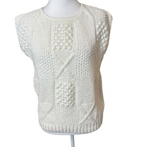 Vtg Bramble Lane Ivory White Hand Knit Sleeveless Sweater Vest Med Chunky Knit